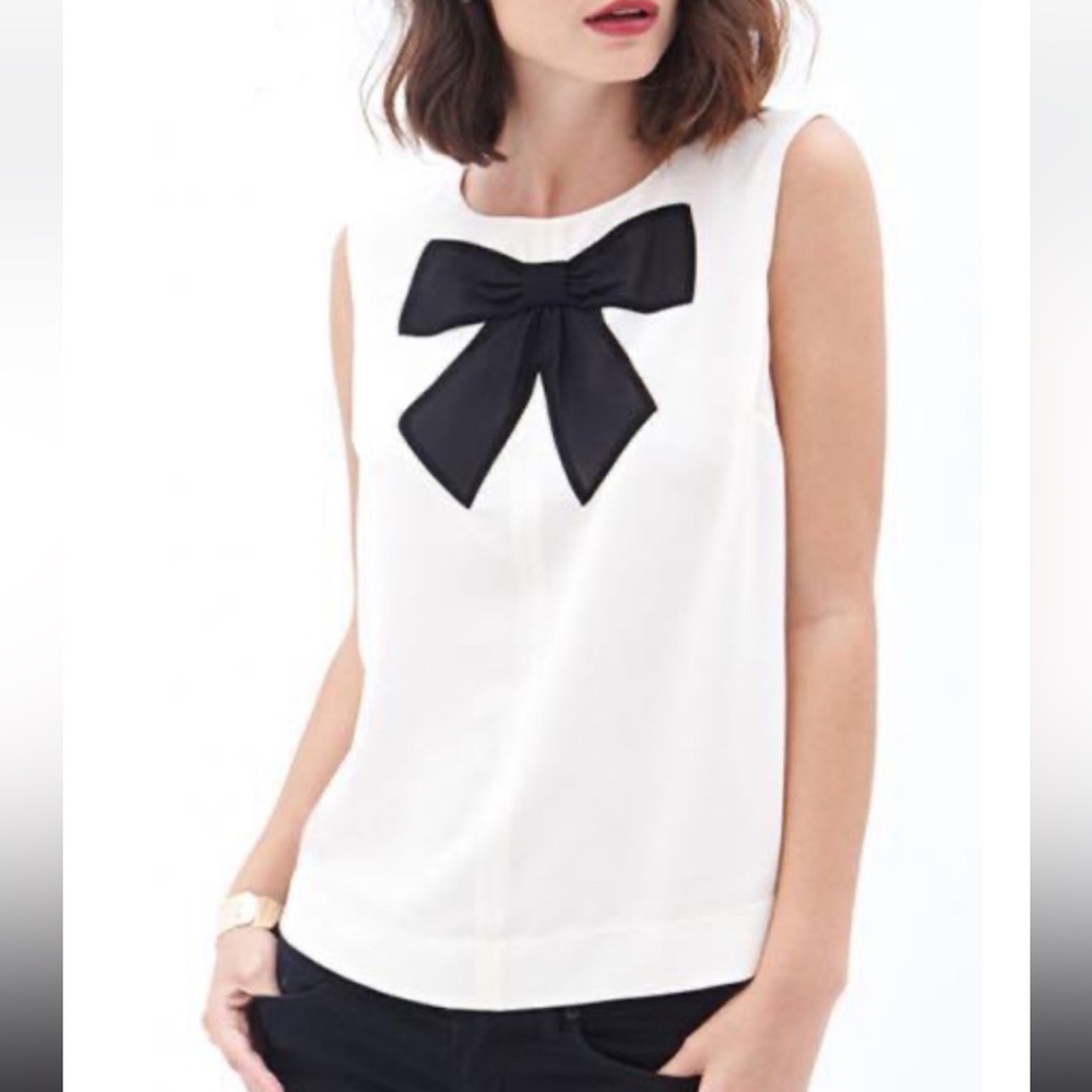 [Forever 21] Zip Back Round Neck Black Bow Tie Embellished Chiffon Tank. Size:XS